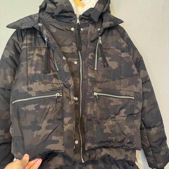 Avec Les Filles Faux Fur-lined Double-layer Puffer Jacket Olive Camo Size Small - Picture 4 of 7